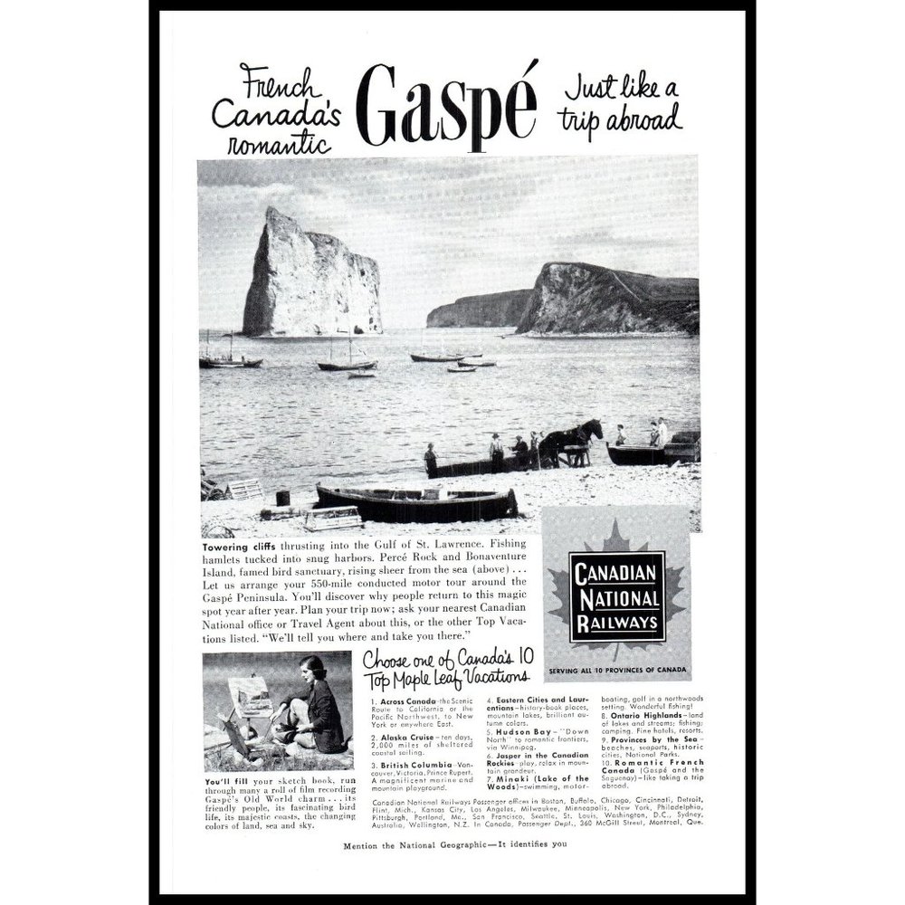 1953 Canadian National Railways CN Rail Vintage Print Ad Gaspe Peninsula Art